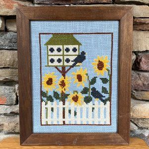 VTG Sunflower Framed Cross Stitch Fence Birds Birdhouse Stitchery Embroidery